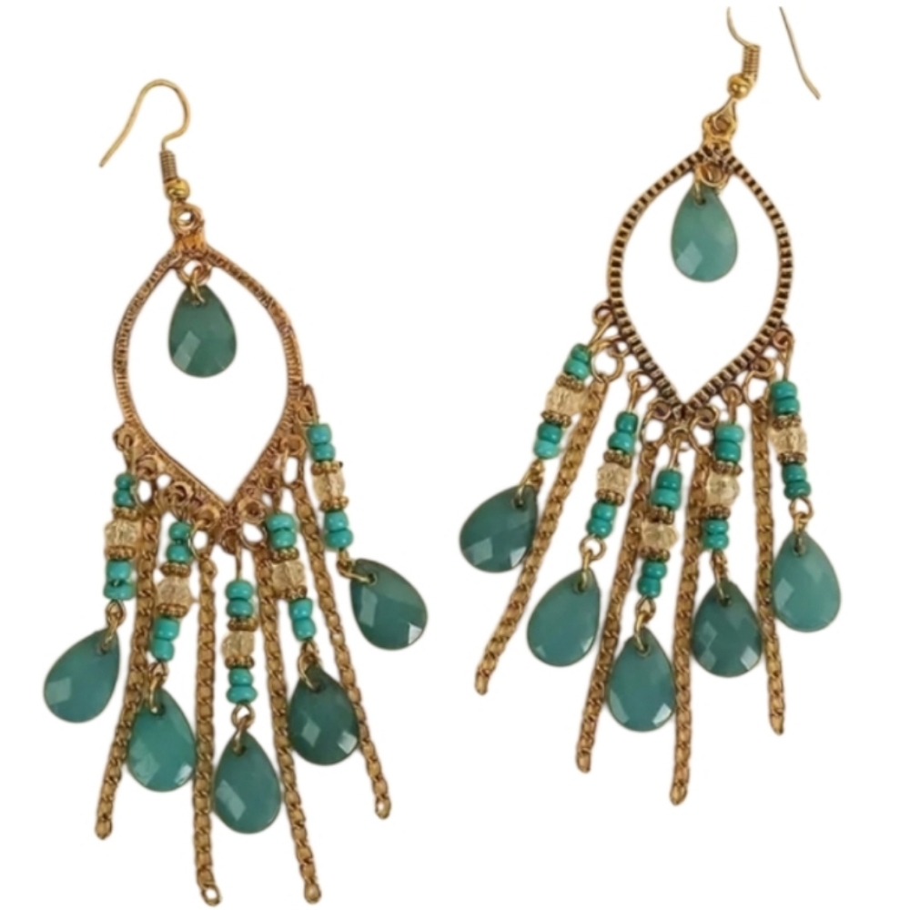 Elegant Goldtone and Aqua Blue Chandelier Earrings